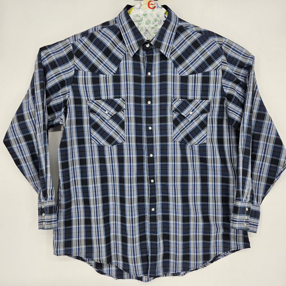 Ely Cattleman Shirt Mens XL Western Pearl Snap Long Sleeve Blue Plaid Rodeo‎